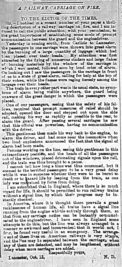 "A RAILWAY CARRIAGE ON FIRE" letter to THE TIMES October 15th 1857