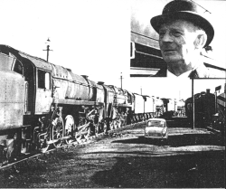 A mixed bag of Classes fours, fives and nines in the Keep sidings at Carnforth. inset Man with an awful lot of scrap on his hands. Mr. Alan Earl, Station Manager at Carnforth. 