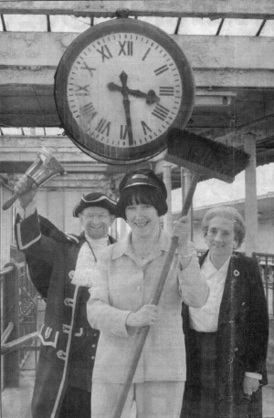 Morecambe and Lunesdale MP Geraldine Smith with Carnforth mayor Edna Jones and town crier Frank Barton at an April Fool‘s spring cleaning day at Carnforth station, held as part of the restoration project.