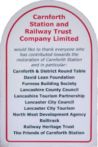 Carnforth and Railway Station Trust "Thank You" plaque, in the Carnforth Station booking hall.