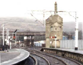 The original Carnforth Station signalbox, probably opened 1880 and closed 1903. The newer signal box can be seen underneath the bridge, which was used as foot access to the engine shed