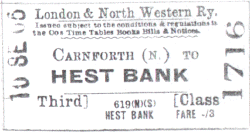 London and North Western Railway 3rd class Carnforth to Hest Bank Fare 3d (0.01) 10 th September 1906