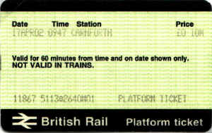 Carnforth Station platform ticket, issued 17th April 2002, price 10p. This is probably one of the first platform tickets to be issued for the station after a gap of about 30 years.