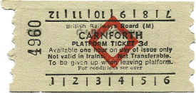 Carnforth Station platform ticket, probably issued from a mechanical machine near to the ticket barrier. 3d (0.0125)