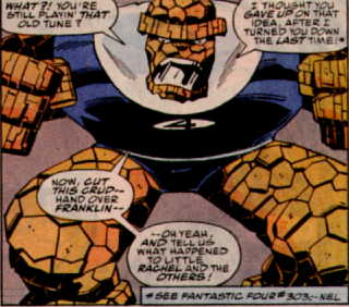 [The Thing refers readers to back issues through a footnote.]