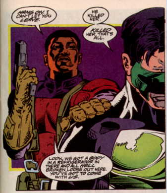 [Green Lantern considers his dismembered girlfriend.]