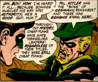 [Green Arrow demonstrates the misuse of syllogistic reasoning.]
