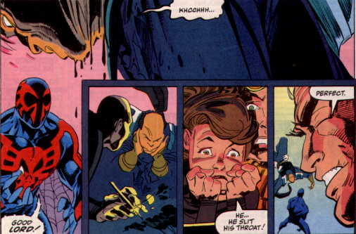 [Spider-Man 2099 cuts a throat.]