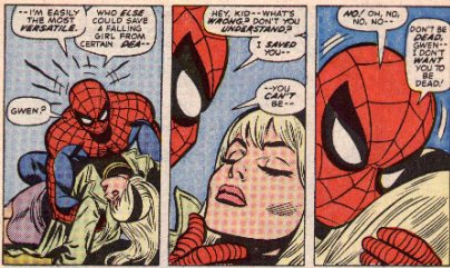 [Spider-Man plays out one of the classic moments of Silver Age comics...later writers would throw it all away.]