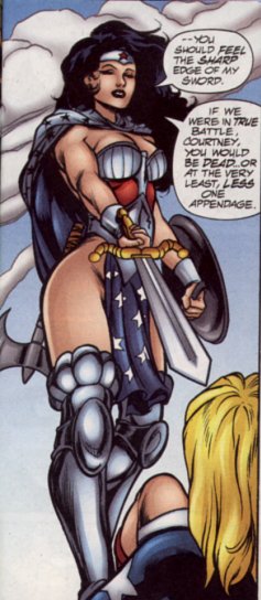 [Hippolyte models a costume too skimpy to contain her dignity.]