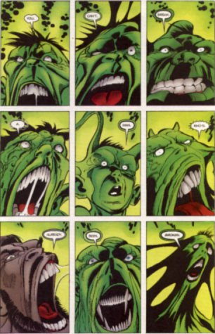 [Malign therapy seeks to deconstruct the Hulk into his component neuroses.]