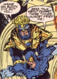 [Booster Gold strikes out with another improbable costume, much a product of its time with the ungainly epaulets.]