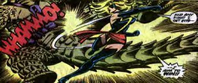 [Ms. Marvel's costume demonstrates more style than sense.]