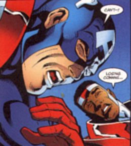 [Captain America collapses under gas, once again.]