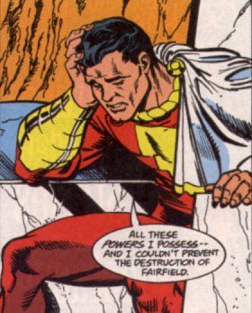 [Captain Marvel, badly out of place in the late 1990s.]