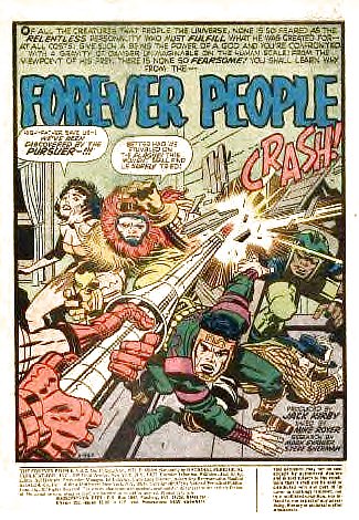 [A loud Kirby splash page from Forever People.]