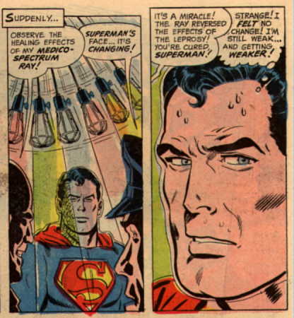[Superman smells something fishy with Luthor's phony cure.]