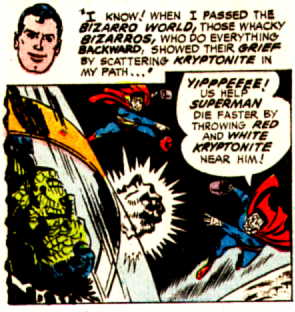 [A bizarro ex machina saves Superman.]