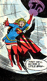 [Supergirl wears the sixties look in the early seventies in a costume she fortunately abandoned before too long.]