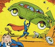 [Superman bursts onto the comics scene in 1938.]