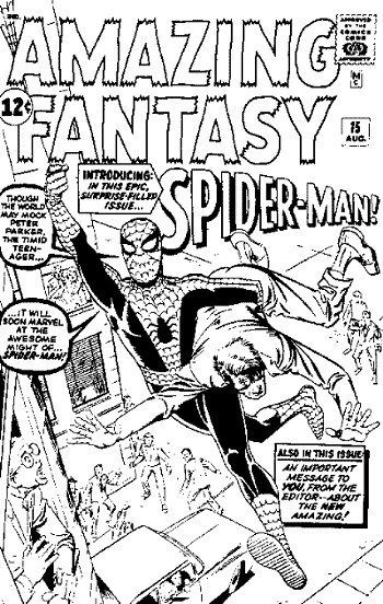 [Ditko's original, rejected Spider-Man cover.]