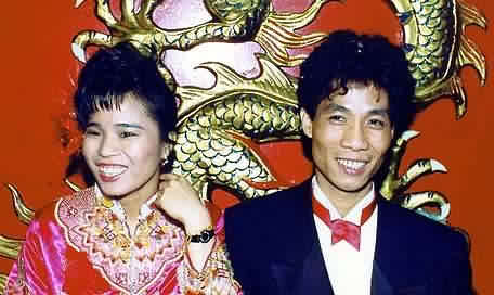 Bride and groom at table