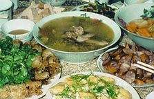 Food laid out on table.