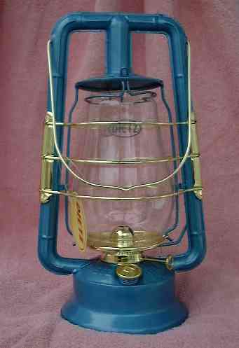 A Blue #10 Monarch Kerosene Hurricane Lantern with Brass Accents
