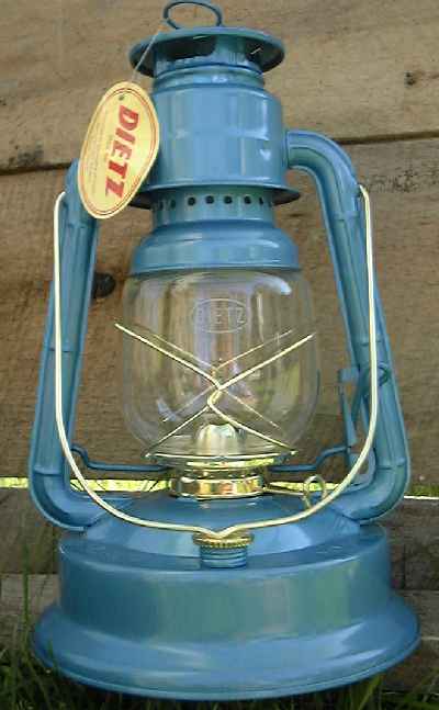A Dietz #1 Little Wizard Kerosene Hurricane Lantern Finished in Blue Enamel With Gold Trim