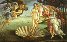 Segundo a mitologia antiga, V�nus teria nascido da espuma dos mares. Botticelli representou-a aqui numa cocha que flutua na �gua. Ela � empurrada em dire��o � margem por duas divindades dos ventos, enquanto uma das Horas, as deusas das esta��es, tem nas m�os uma pe�a de roupa aberta, pronta a envolver V�nus.