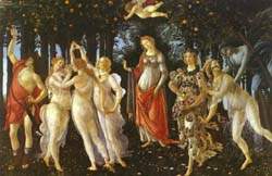A composi��o representa o imp�rio de V�nus (no centro da imagem), no qual penetram o Amor e a Primavera com a sua abund�ncia de flores. O quadro foi executado para Lorenzo de M�dicis, por ocasi�o do seu casamento, em 1482.
