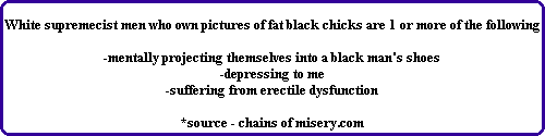White supremecist men who own pictures of fat black chicks are 1 or more of the following

-mentally projecting themselves into a black man's shoes
-depressing to me
-suffering from erectile dysfunction

*source - chains of misery.com