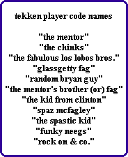 tekken player code names

