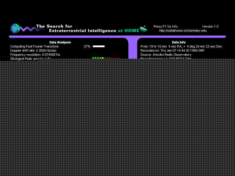 Tela SETI@Home analizando os dados recebidos no Radio Observat�rio de Arecibo