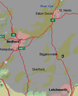 Map showing Biggleswade in relation to Bedford.