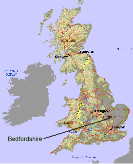 Uk map showing location of Bedfordshire.