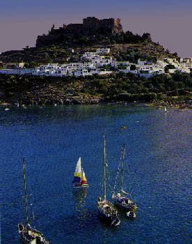 Lindos. View of the ancient Acropolis, the village and the sea.