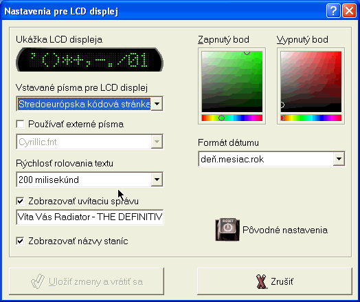 Karta Nastavenia pre LCD displej