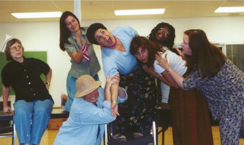 
L-R: Cathy Behrens, Heather Morrison, Gail Connelly, Amanda Warman, Sherri Morancie, Shanda Reynolds and Mary McDowell rehearse a scene from 