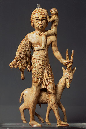 Nubian with Oryx, Monkey, and Leopard Skin, 
  8th-7th century B.C.; Neo-Assyrian period; Phoenician style
  Mesopotamia; excavated at Nimrud (ancient Kalhu), Fort Shalmaneser
  Ivory; H. 5.3 in. (13.5 cm)
  Rogers Fund, 1960 (60.145.11)