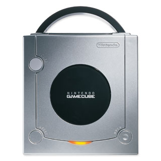 A platinum gamecube with Animal Crossing.