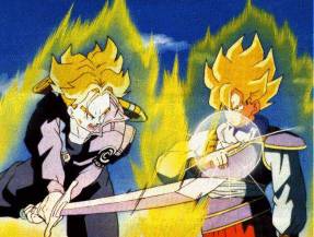 Trunks prueba si Gokuu estan poderoso como dicen asi que lo ataca con su espada y Gokuu la detiene con un solo dedo