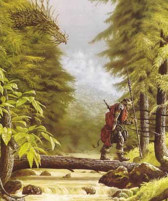 Cadmus 
walking across a log bridge with the Dragon looking out of the forest