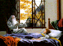 Wizard telling story to bedridden friend.