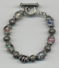 hand beaded bracelet, glass flower beads, bali silver