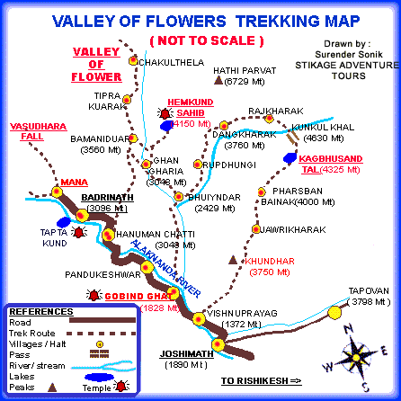 Map of Valley of Flowers-Hemkund-Badrinath-Vasudharfall-Kagbhusand Tal