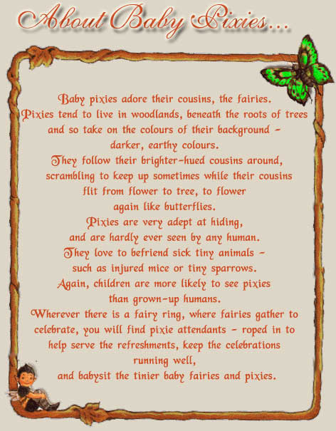 Baby pixies adore their cousins, the fairies. 

Pixies tend to live in woodlands, beneath the roots of trees 

and so take on the colours of their background - 

darker, earthy colours. 

They follow their brighter-hued cousins around,

 scrambling to keep up sometimes while their cousins

flit from flower to tree, to flower 

again like butterflies. 

Pixies are very adept at hiding, 

and are hardly ever seen by any human. 

They love to befriend sick tiny animals - 

such as injured mice or tiny sparrows. 

Again, children are more likely to see pixies 

than grown-up humans. 

Wherever there is a fairy ring, where fairies gather to 

celebrate, you will find pixie attendants - roped in to 

help serve the refreshments, keep the celebrations 

running well, 

and babysit the tinier baby fairies and pixies.