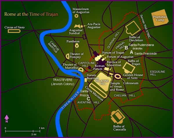 Rome at the time of Trajan with 3 earliest churches