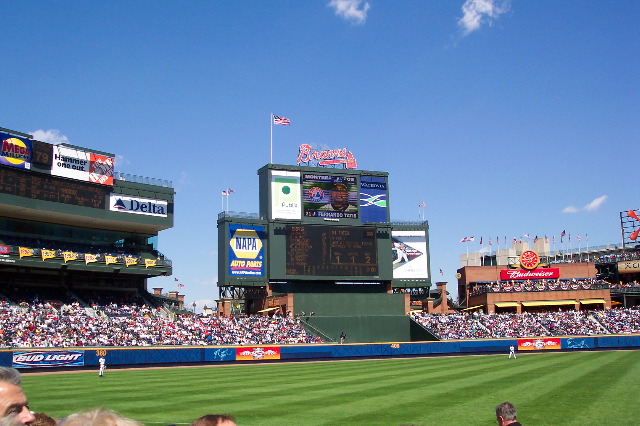 A view of the outfield and scoreboard
