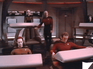 Data with Picard, O'Brien, Troi, and Yar